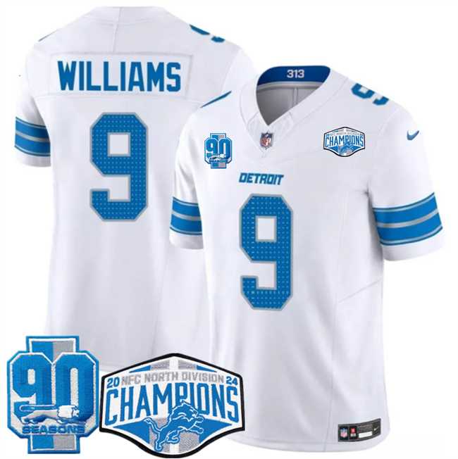 Men%27s Detroit Lions #9 Jameson Williams White 2024 NFC North Champions 90th Anniversary Patch F.U.S.E. Vapor Limited Stitched Jersey